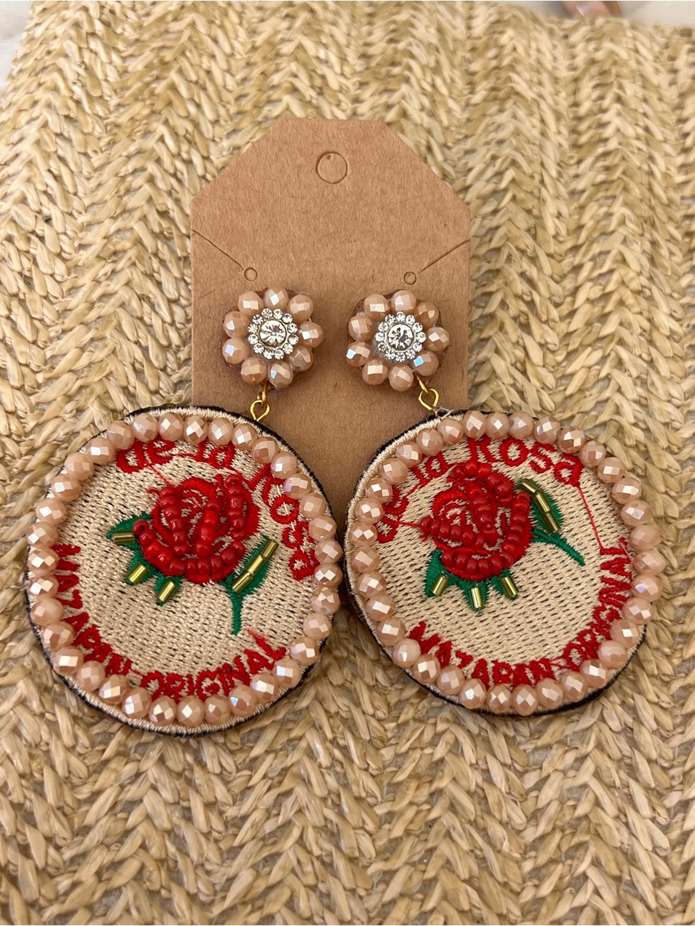 Embroidered Rose Beaded Hoop Drop Earrings - Beige & Red made in Mexico